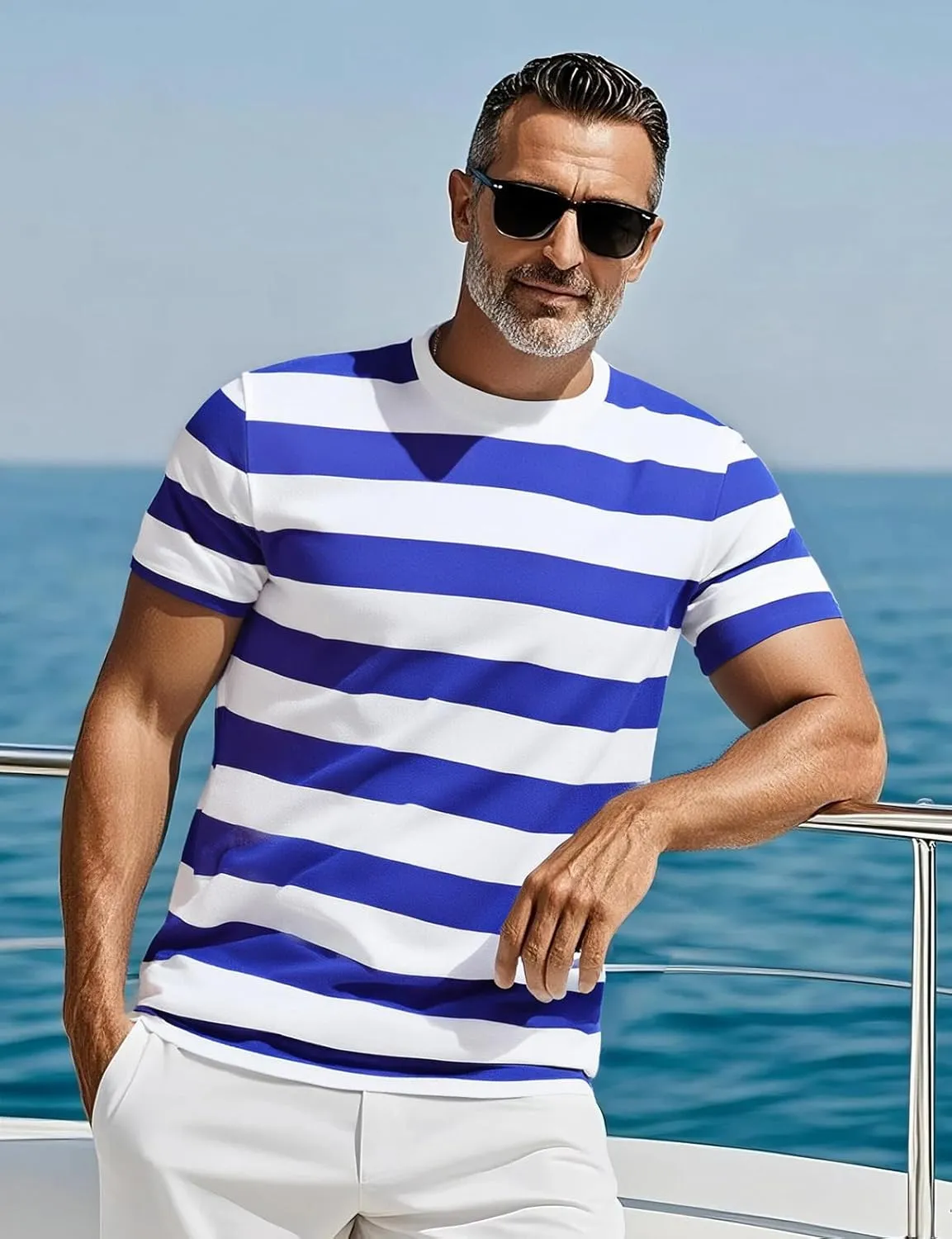 Funny World Men's Cotton Striped T-Shirt Crew Neck Short Sleeves Basic Casual Top