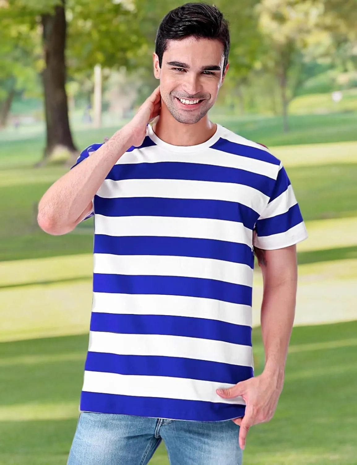 Funny World Men's Cotton Striped T-Shirt Crew Neck Short Sleeves Basic Casual Top