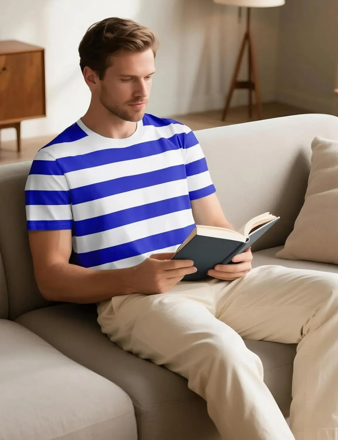 Funny World Men's Cotton Striped T-Shirt Crew Neck Short Sleeves Basic Casual Top