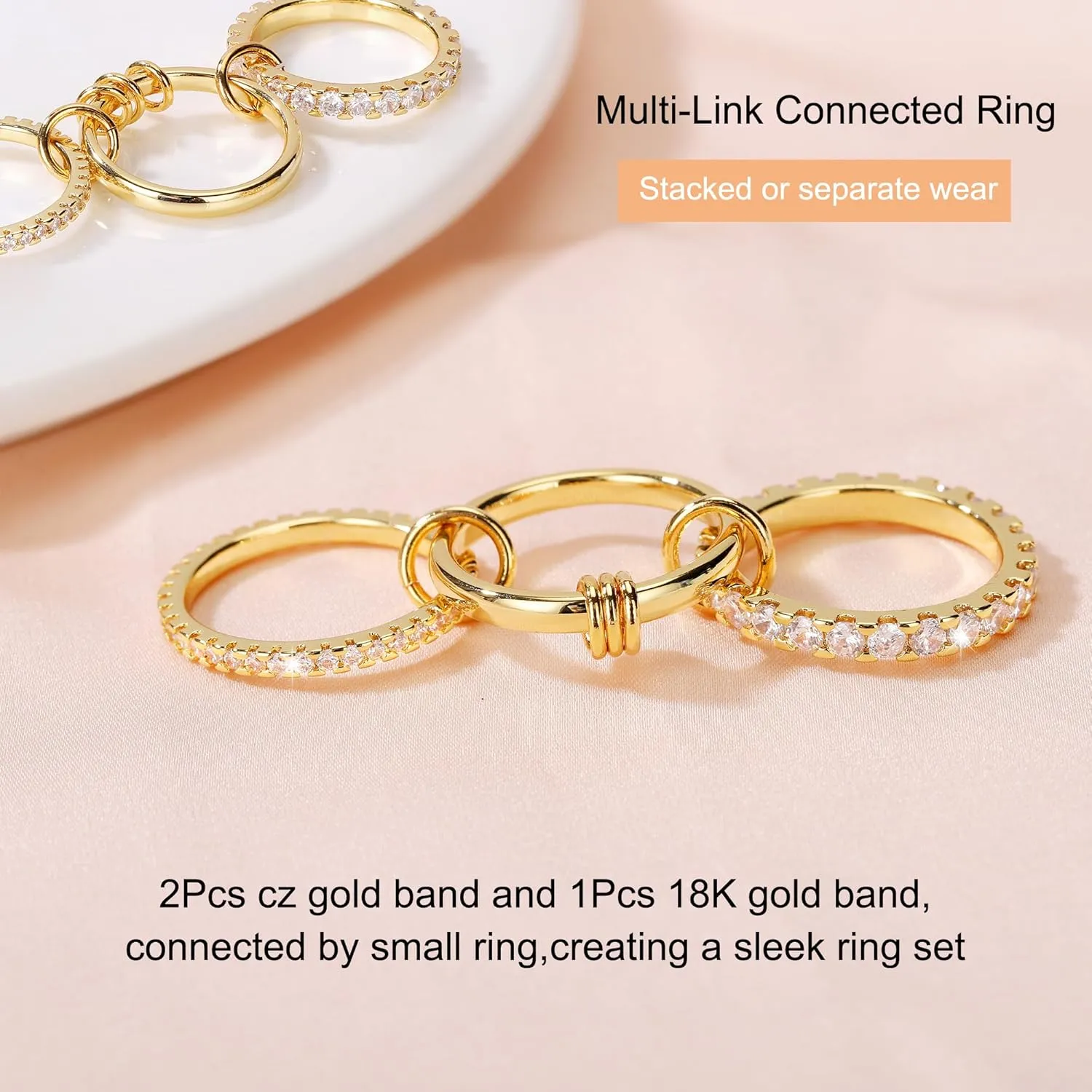 Gold Stackable Rings for Women Non Tarnish 18k Gold Plated Rings with Cubic Zirconia Multi-Link Connected Gold Rings