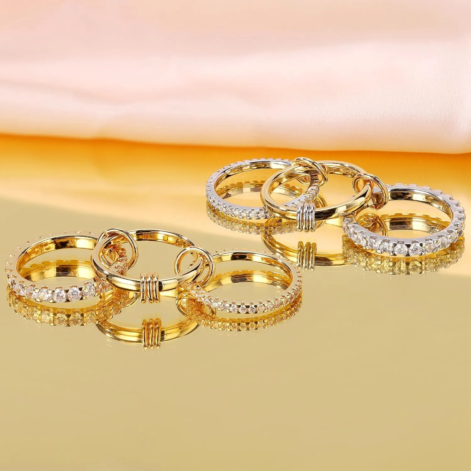 Gold Stackable Rings for Women Non Tarnish 18k Gold Plated Rings with Cubic Zirconia Multi-Link Connected Gold Rings