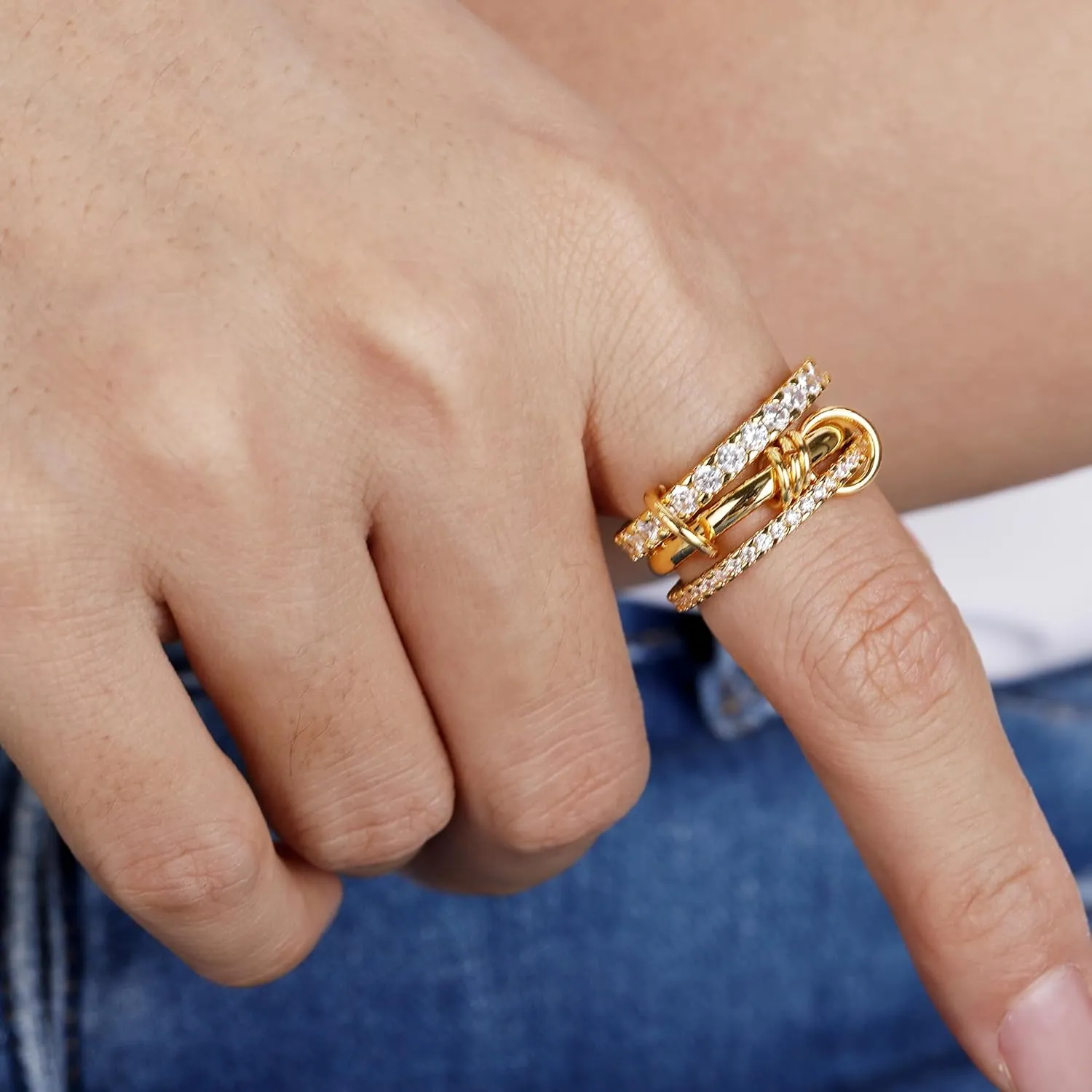 Gold Stackable Rings for Women Non Tarnish 18k Gold Plated Rings with Cubic Zirconia Multi-Link Connected Gold Rings