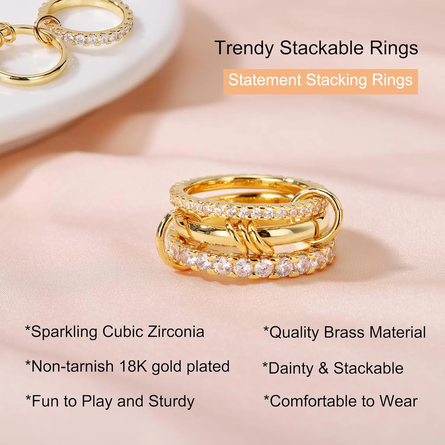 Gold Stackable Rings for Women Non Tarnish 18k Gold Plated Rings with Cubic Zirconia Multi-Link Connected Gold Rings