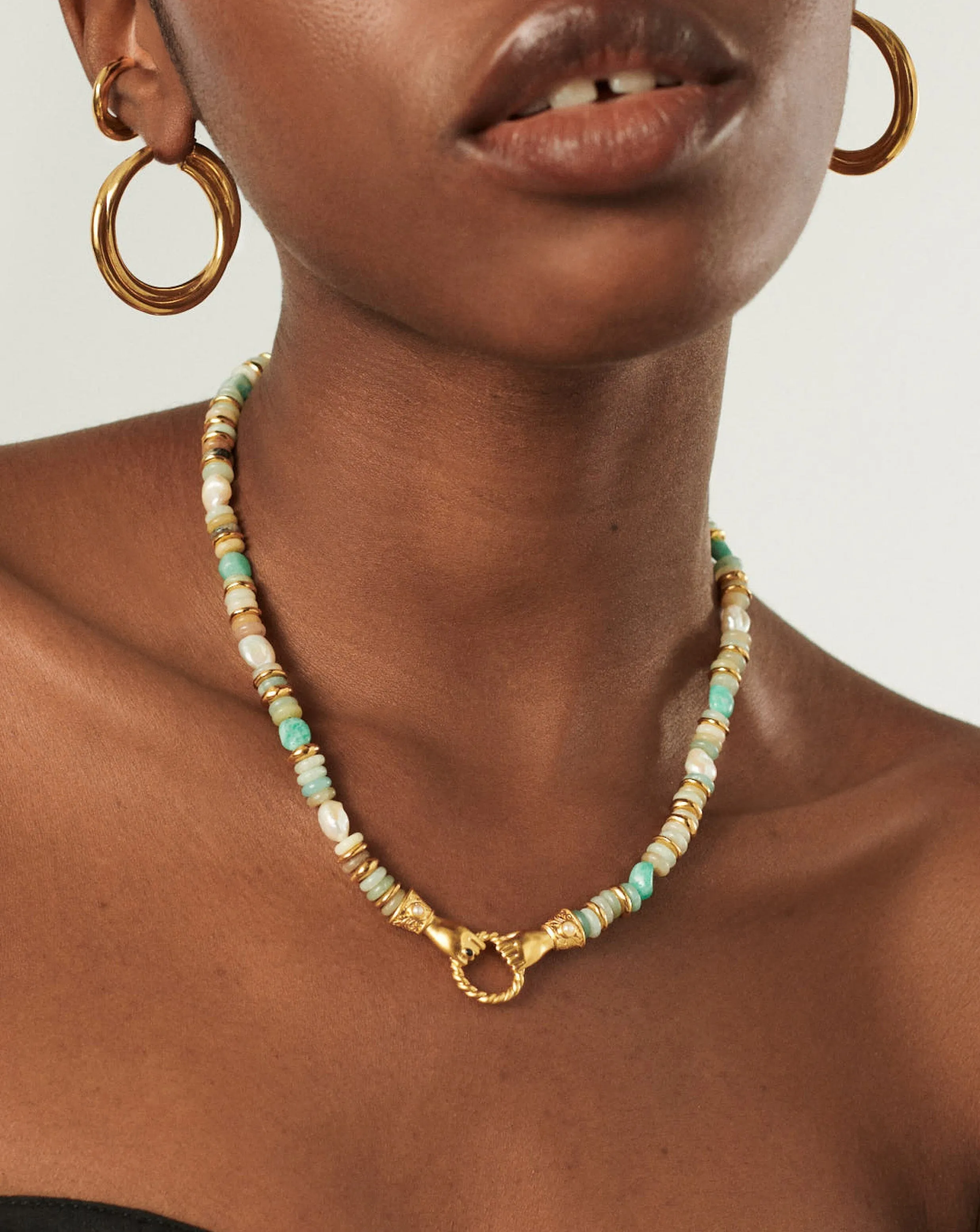 Harris Reed In Good Hands Chunky Beaded Gemstone Necklace | 18ct Gold Plated/Multi Amazonite & Pearl