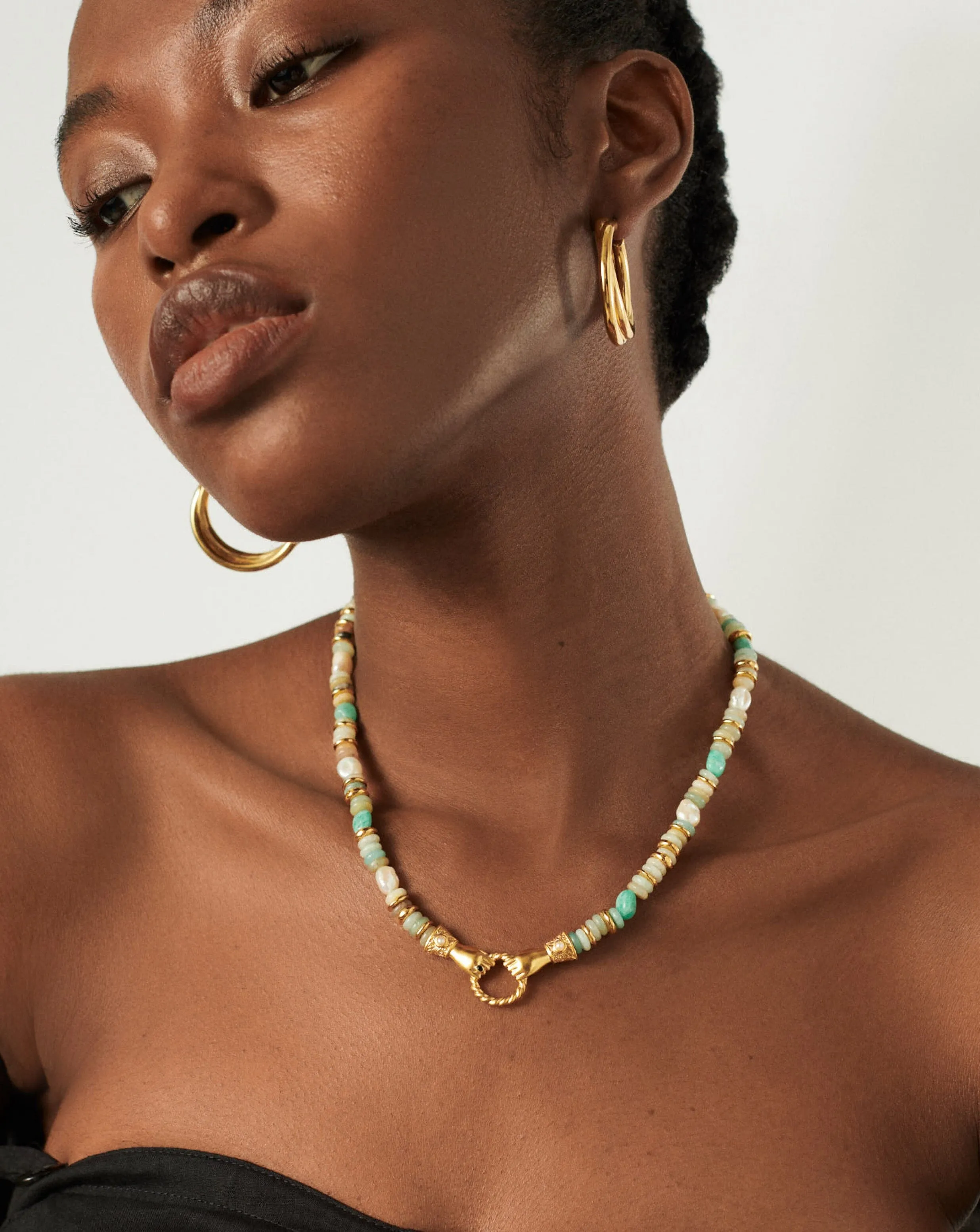 Harris Reed In Good Hands Chunky Beaded Gemstone Necklace | 18ct Gold Plated/Multi Amazonite & Pearl