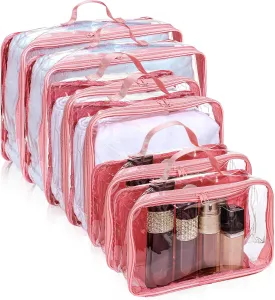 Hillban 6 Pcs Pink Large Clear Travel Packing Cube 3 Sizes See Through PVC Organizer for Suitcase Multipurpose Pouch with Handle Vinyl Zippered Storage Bags Luggage Cube Organizer