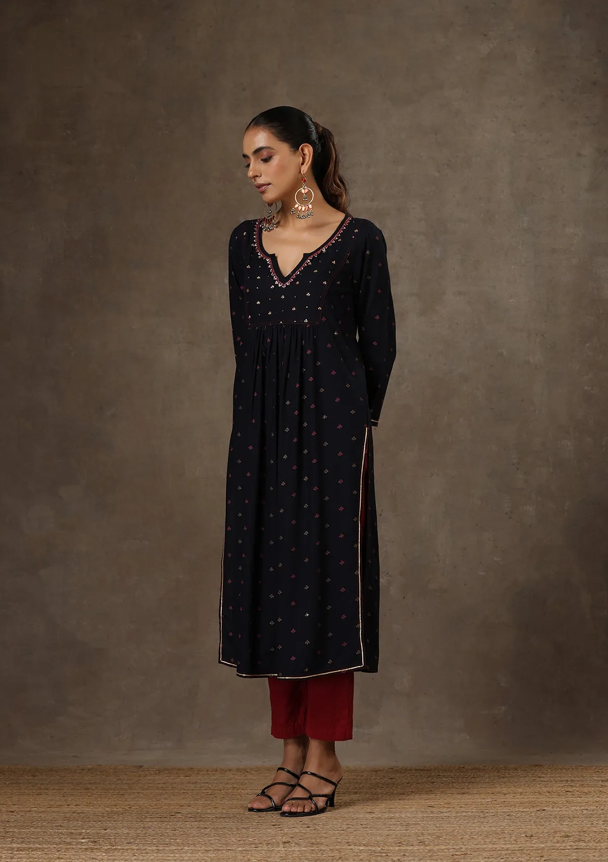 HOC Crafts Rayon Hand Embroidered Printed Women's Long Kurta - Navy Blue