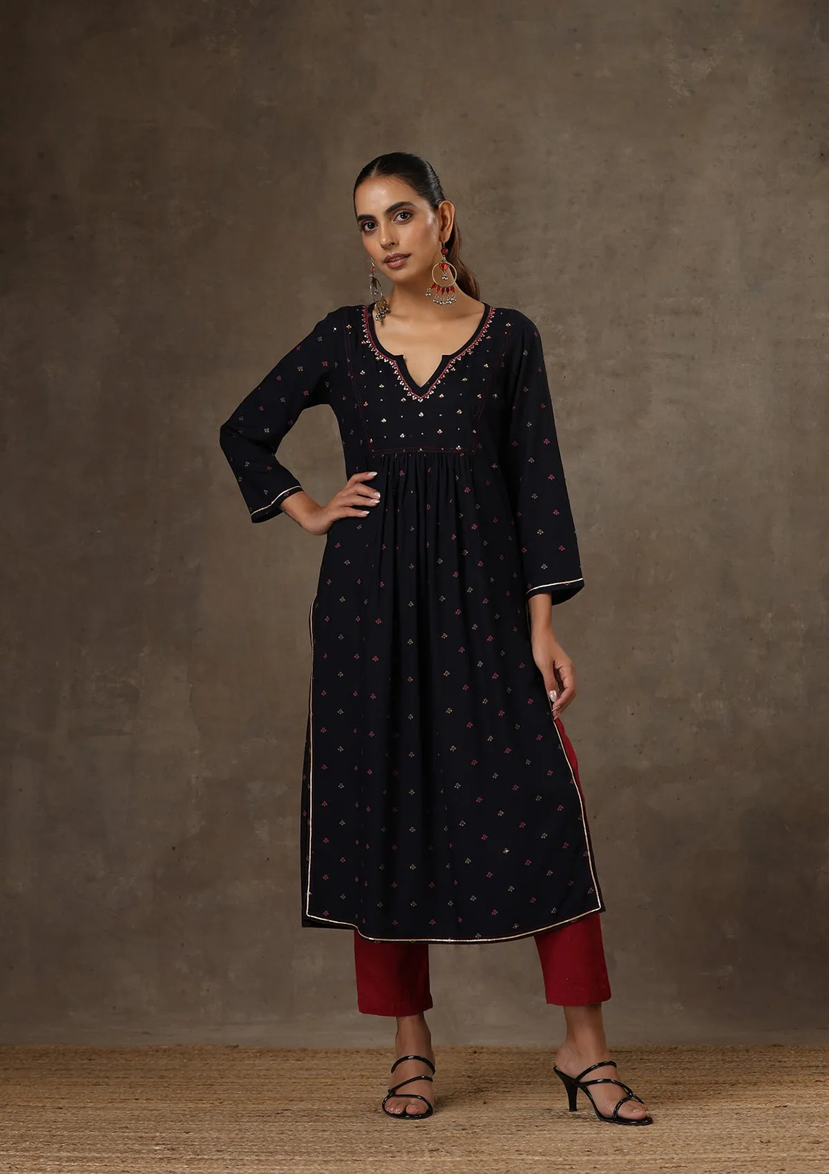 HOC Crafts Rayon Hand Embroidered Printed Women's Long Kurta - Navy Blue