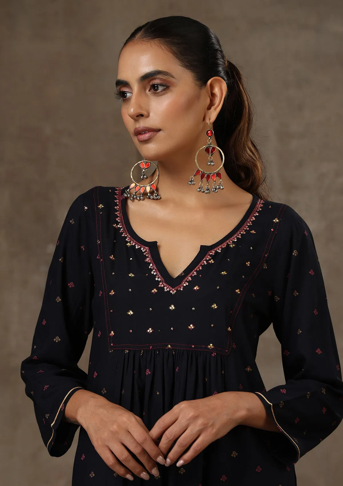 HOC Crafts Rayon Hand Embroidered Printed Women's Long Kurta - Navy Blue