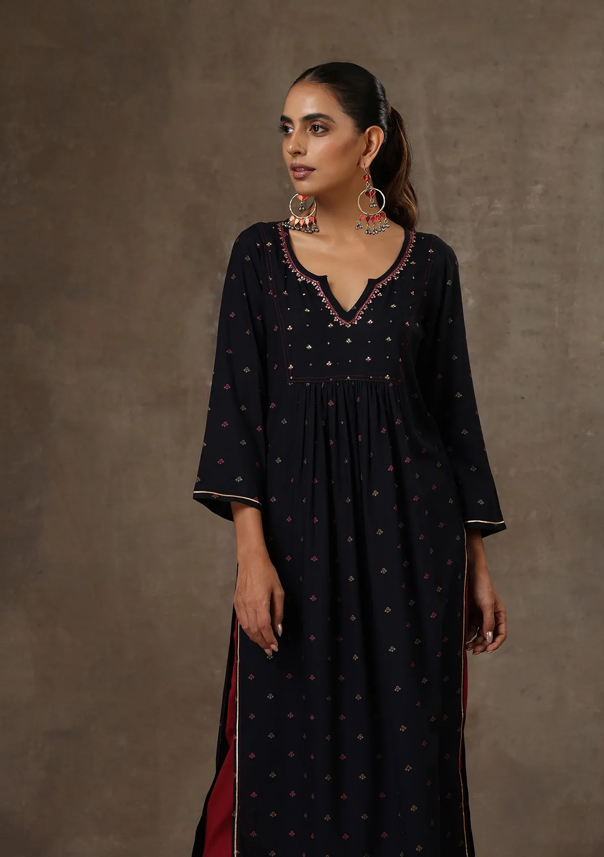 HOC Crafts Rayon Hand Embroidered Printed Women's Long Kurta - Navy Blue