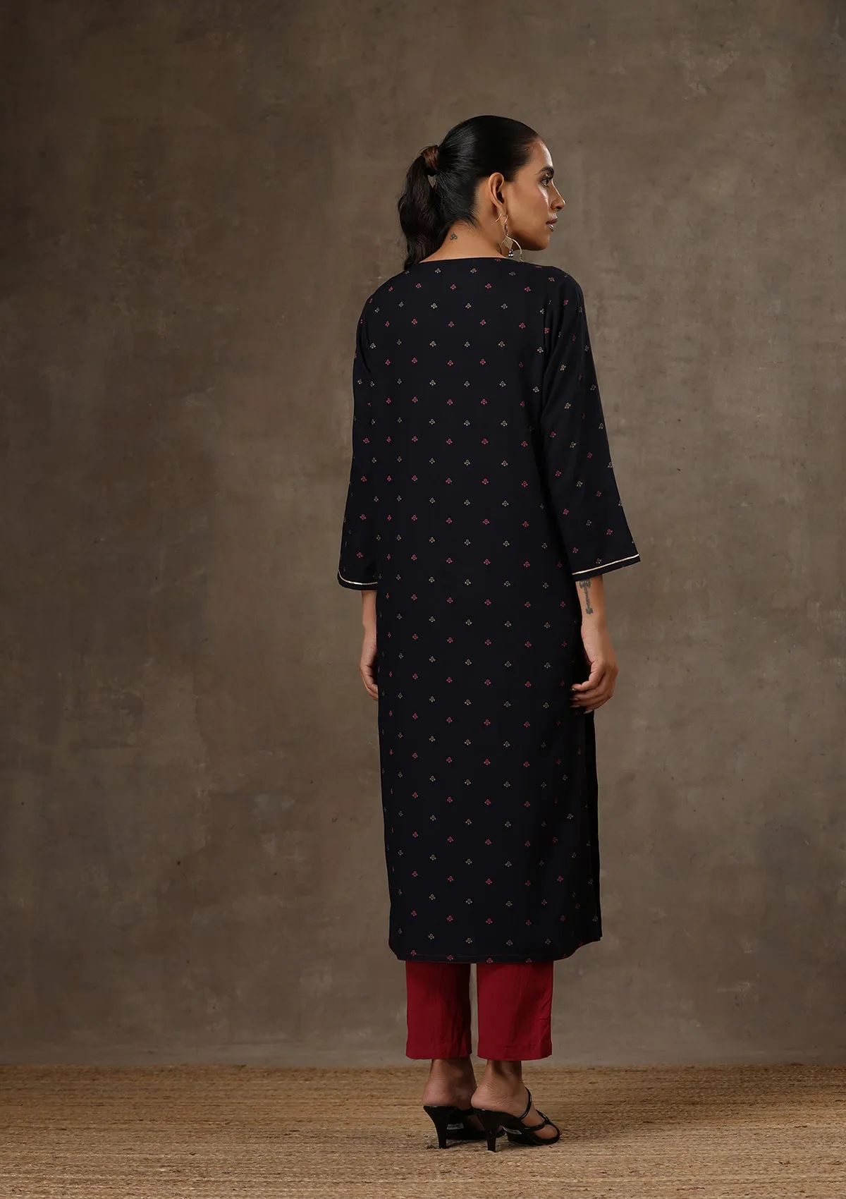 HOC Crafts Rayon Hand Embroidered Printed Women's Long Kurta - Navy Blue