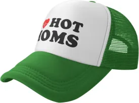 I Love Heart Hot Moms Funny Adjustable Mesh Trucker Hat for Adults Unisex Classic Hats Fishing Caps Black