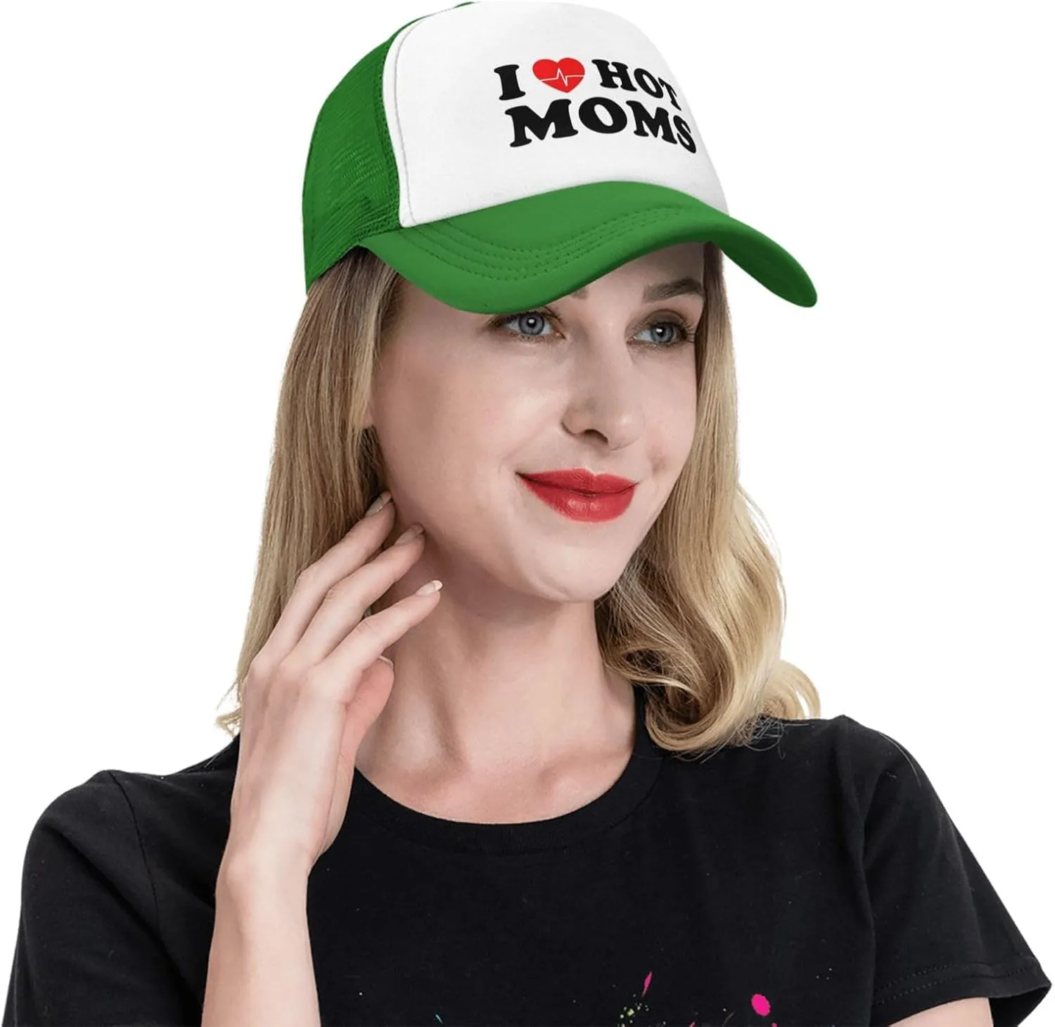 I Love Heart Hot Moms Funny Adjustable Mesh Trucker Hat for Adults Unisex Classic Hats Fishing Caps Black