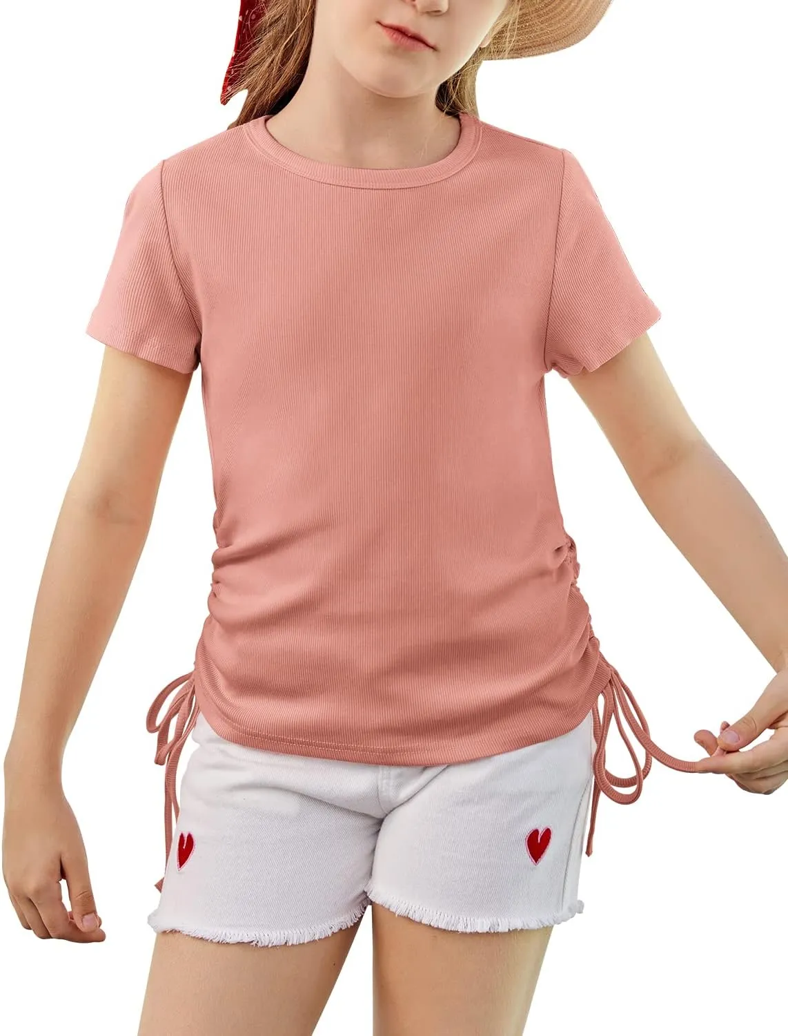 Imily Bela Girls Tees Shirts Cute Crew Neck Short Sleeve Side Drawstring Solid Tops Kids Children Summer Clothes
