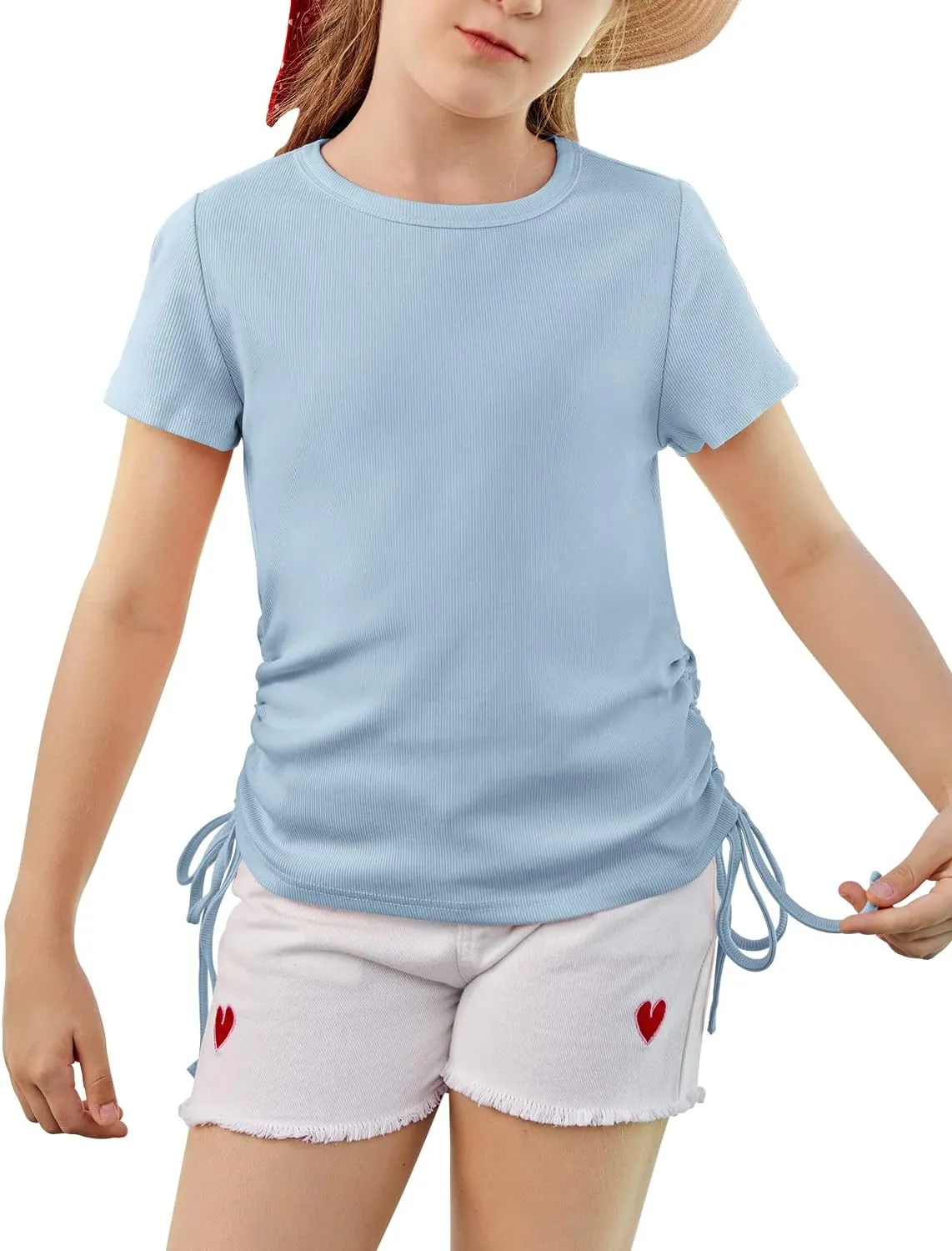 Imily Bela Girls Tees Shirts Cute Crew Neck Short Sleeve Side Drawstring Solid Tops Kids Children Summer Clothes