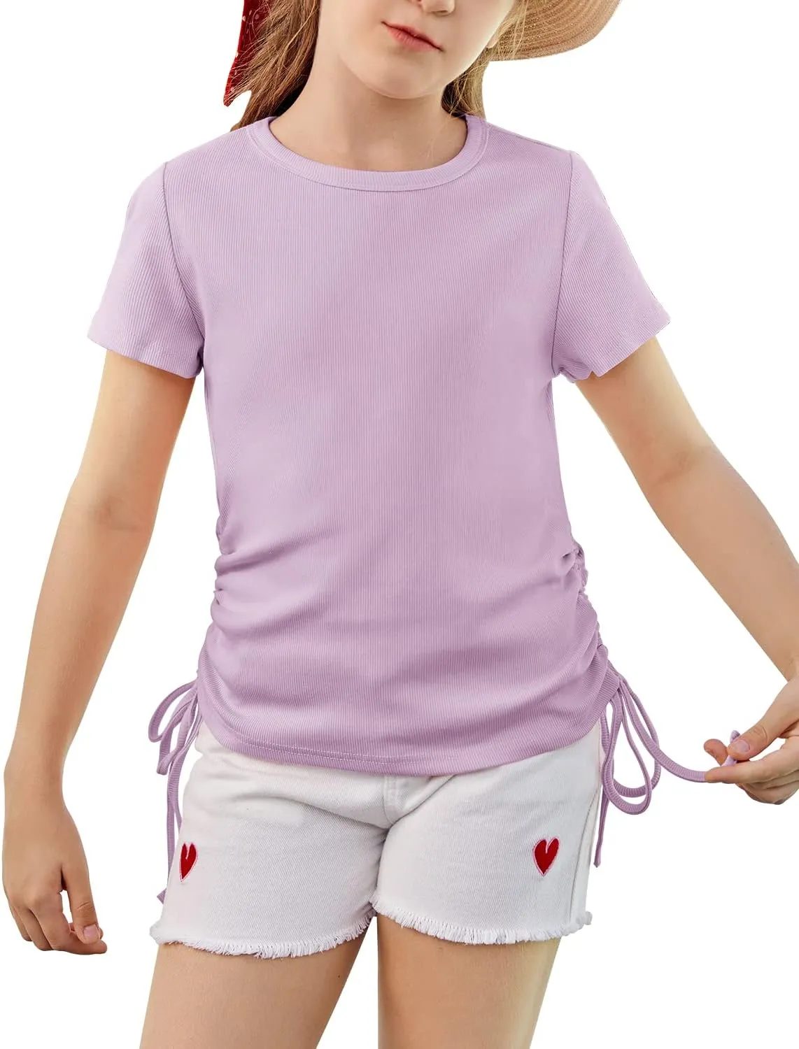 Imily Bela Girls Tees Shirts Cute Crew Neck Short Sleeve Side Drawstring Solid Tops Kids Children Summer Clothes