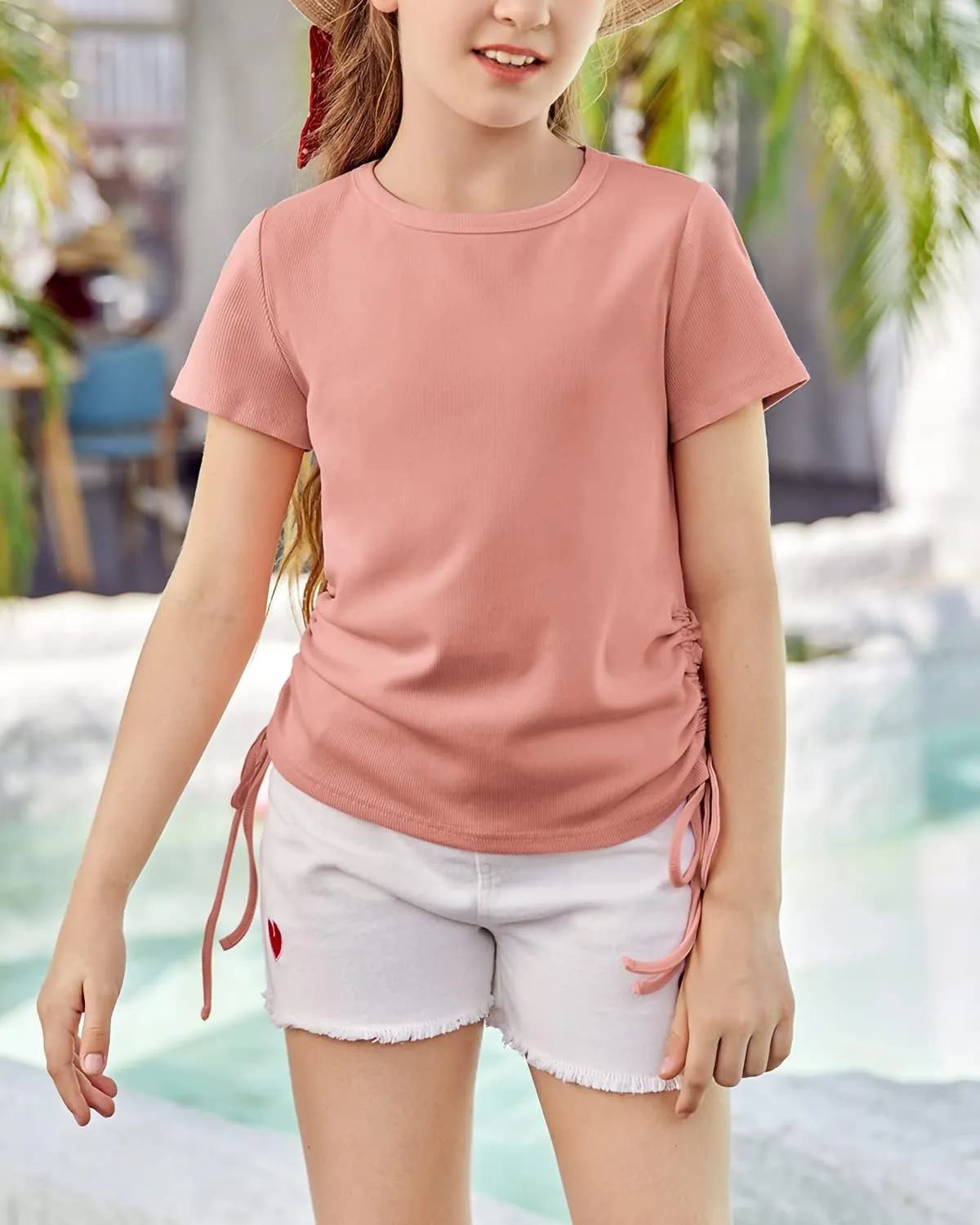 Imily Bela Girls Tees Shirts Cute Crew Neck Short Sleeve Side Drawstring Solid Tops Kids Children Summer Clothes