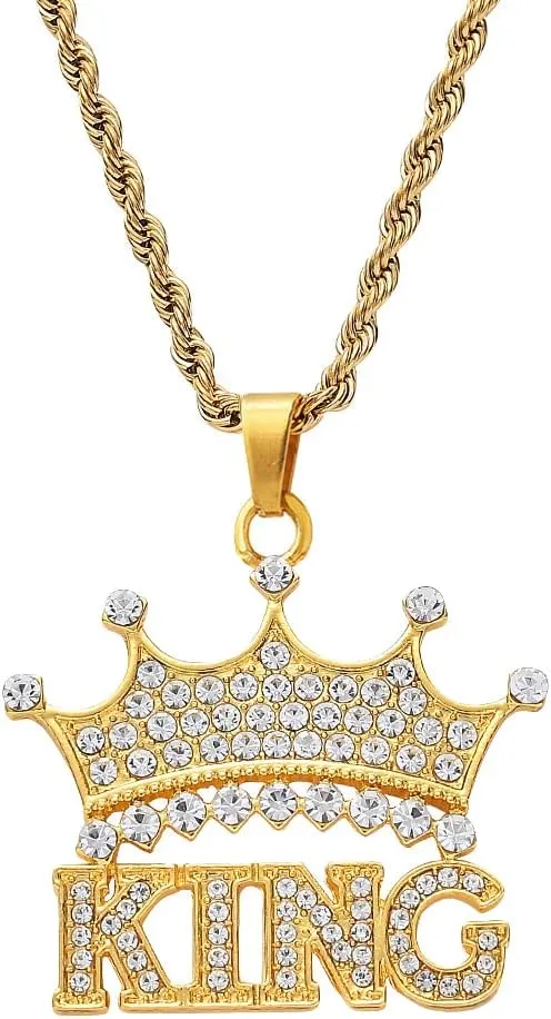 JKJF Crown King Pendant Necklace Bling Hip Hop King Necklace Rock Rapper Gold Chain 80s 90s Costume Accessories for Men Cosplay Theme Party - Gold