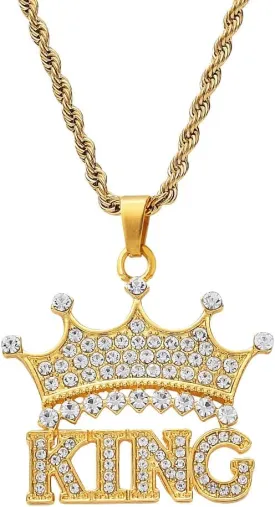 JKJF Crown King Pendant Necklace Bling Hip Hop King Necklace Rock Rapper Gold Chain 80s 90s Costume Accessories for Men Cosplay Theme Party - Gold