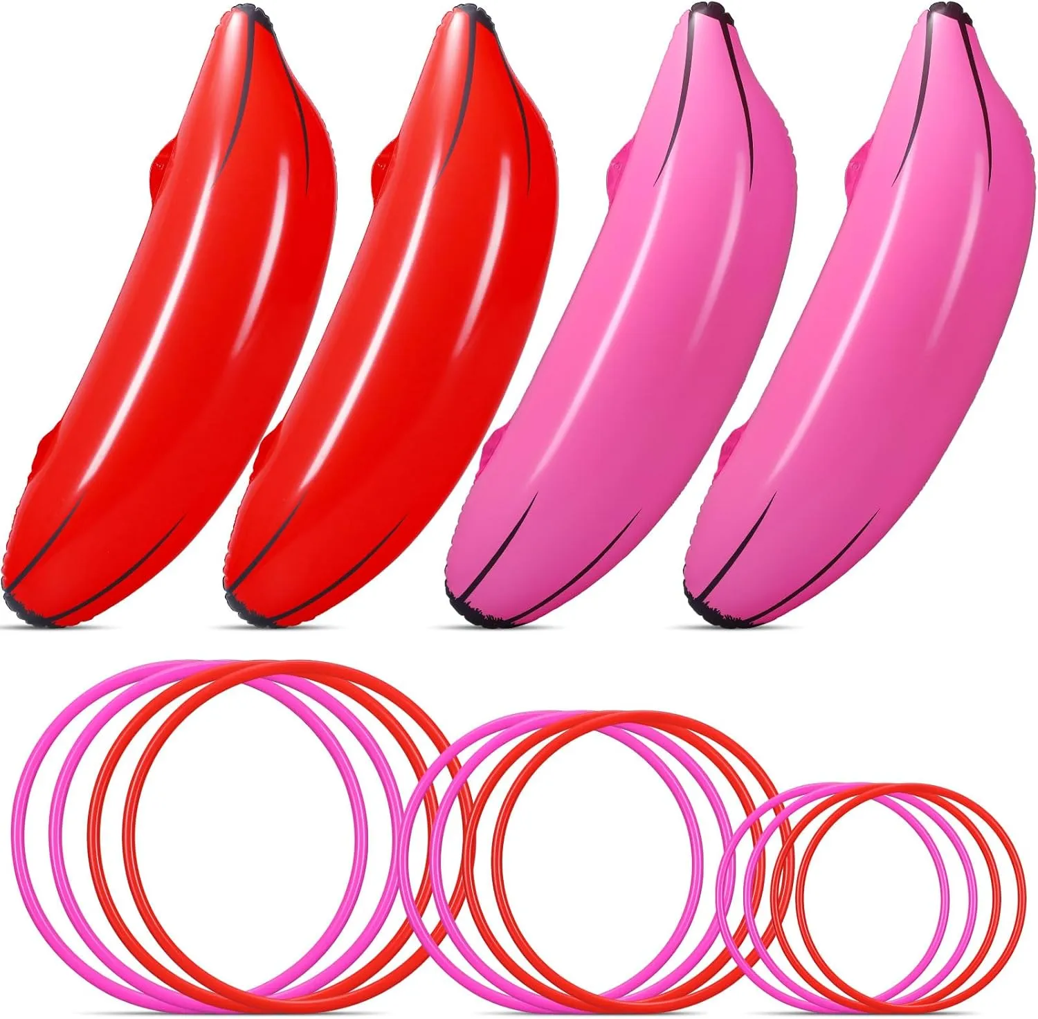 Leitee 16 Pcs Inflatable Banana Ring Toss Party Favor for Women Include 4 Pack Inflatable Banan with 12 Pcs Plastic Toss Rings Games Girls Niqht for Adults Swimming Pool Decorations
