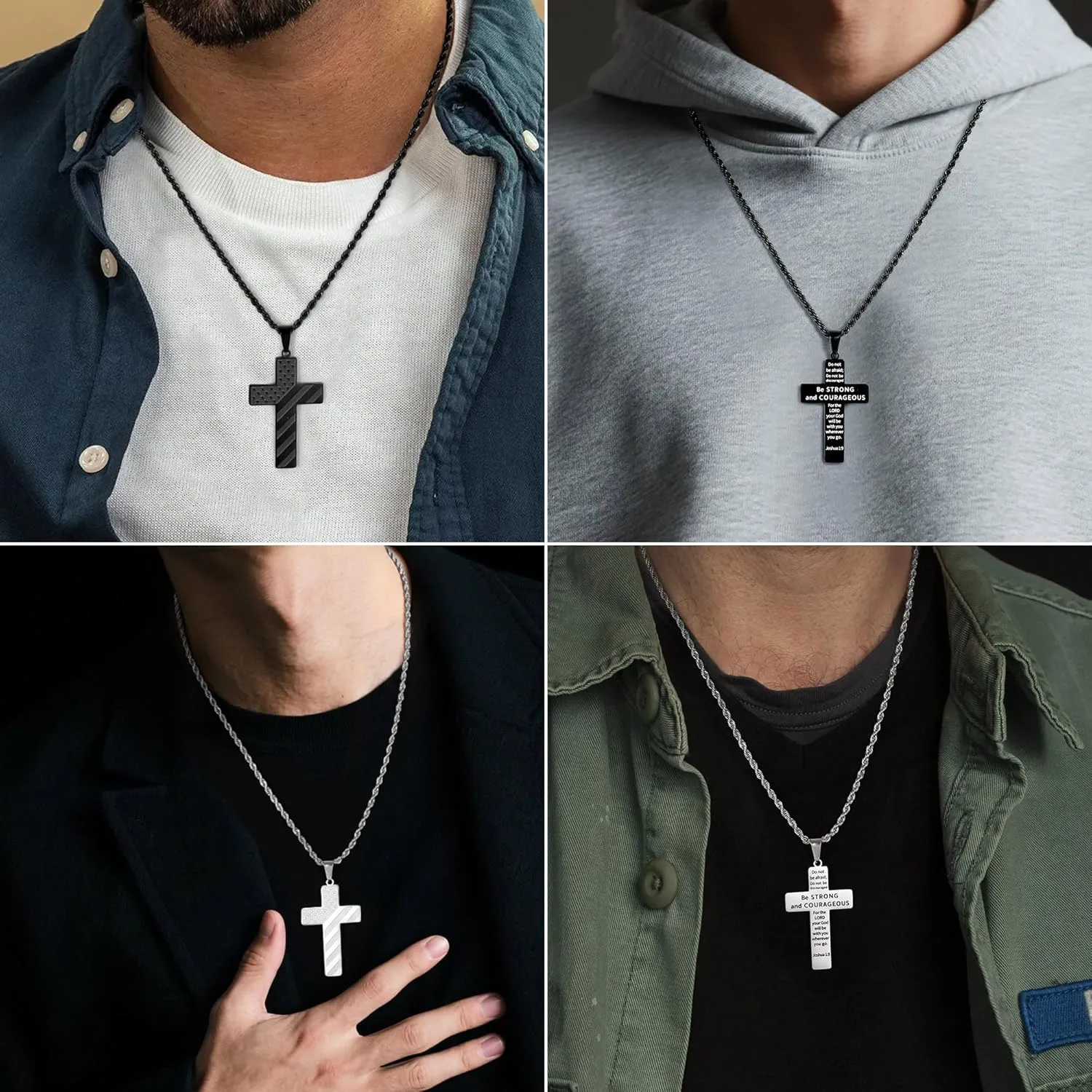 M MOOHAM 2PCS Silver Black Cross Necklace for Men - Stainless Steel Cross Chain Pendant Necklace American Flag Necklaces for Men Bible Verse Religious Jewelry Christian Confirmation Gifts