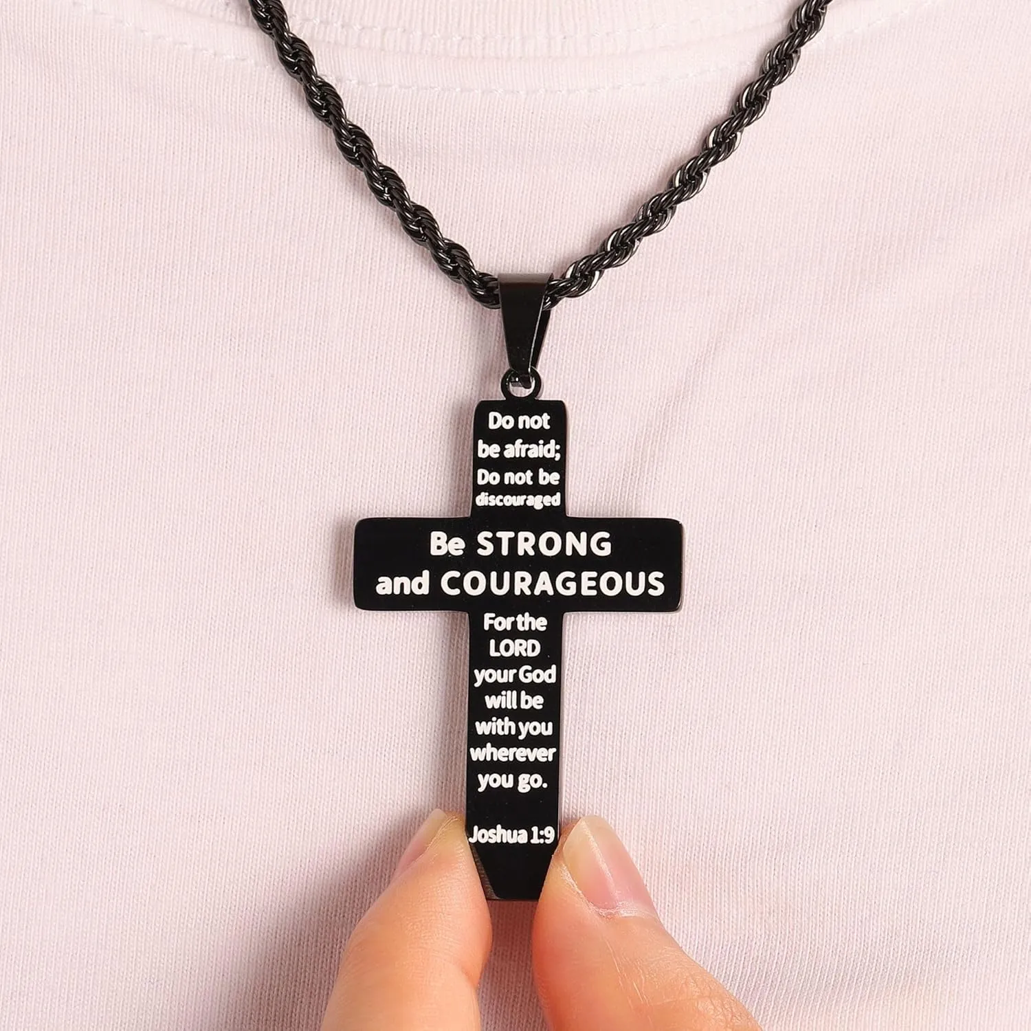 M MOOHAM 2PCS Silver Black Cross Necklace for Men - Stainless Steel Cross Chain Pendant Necklace American Flag Necklaces for Men Bible Verse Religious Jewelry Christian Confirmation Gifts