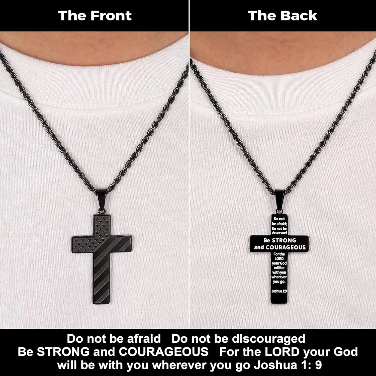 M MOOHAM 2PCS Silver Black Cross Necklace for Men - Stainless Steel Cross Chain Pendant Necklace American Flag Necklaces for Men Bible Verse Religious Jewelry Christian Confirmation Gifts