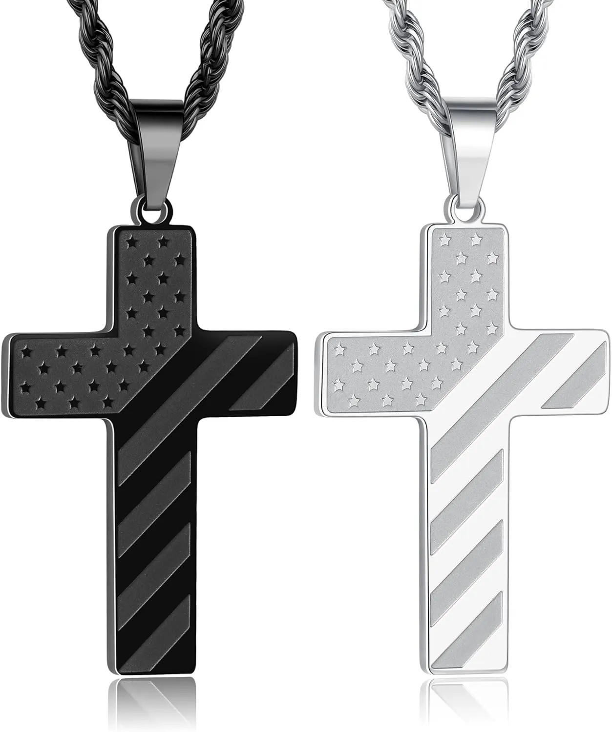 M MOOHAM 2PCS Silver Black Cross Necklace for Men - Stainless Steel Cross Chain Pendant Necklace American Flag Necklaces for Men Bible Verse Religious Jewelry Christian Confirmation Gifts