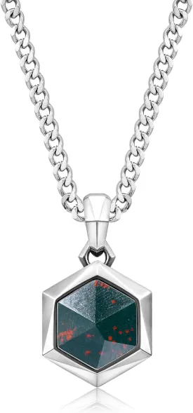 Men's Bloodstone Necklace for Men Sterling Silver Hexagonal Pendant Necklace with Stainless Steel Chain 24 Inch Gift for Men