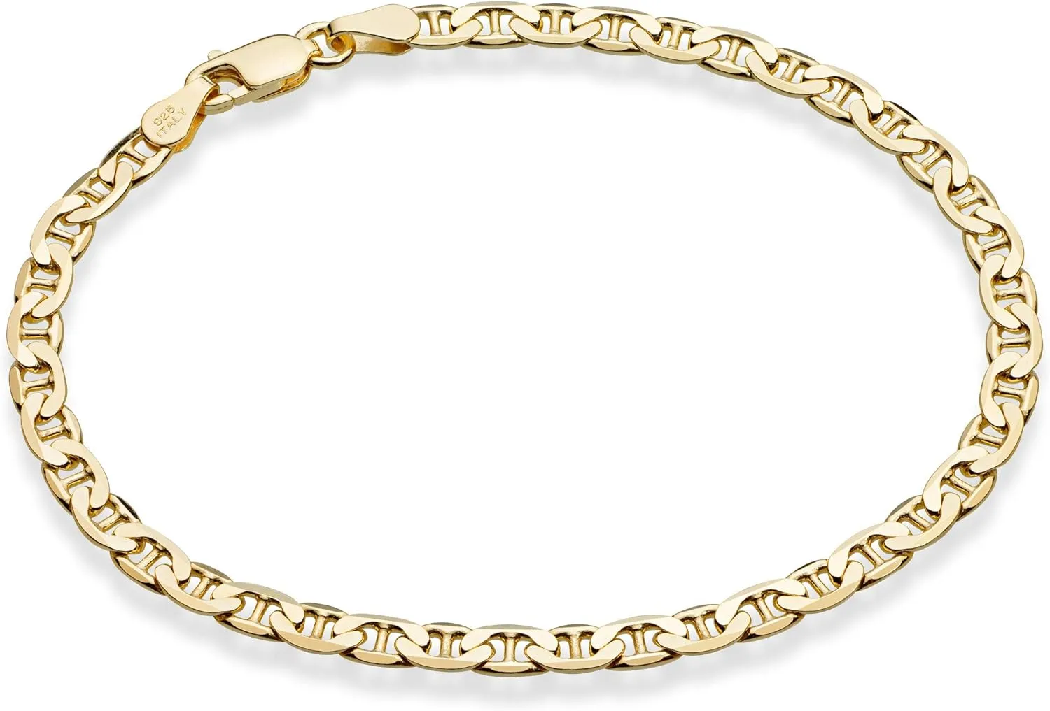 Miabella Italian Solid 925 Sterling Silver, 18Kt Gold Plated 3mm, 4mm Solid Mariner Link Chain Bracelet for Men Women, Made in Italy