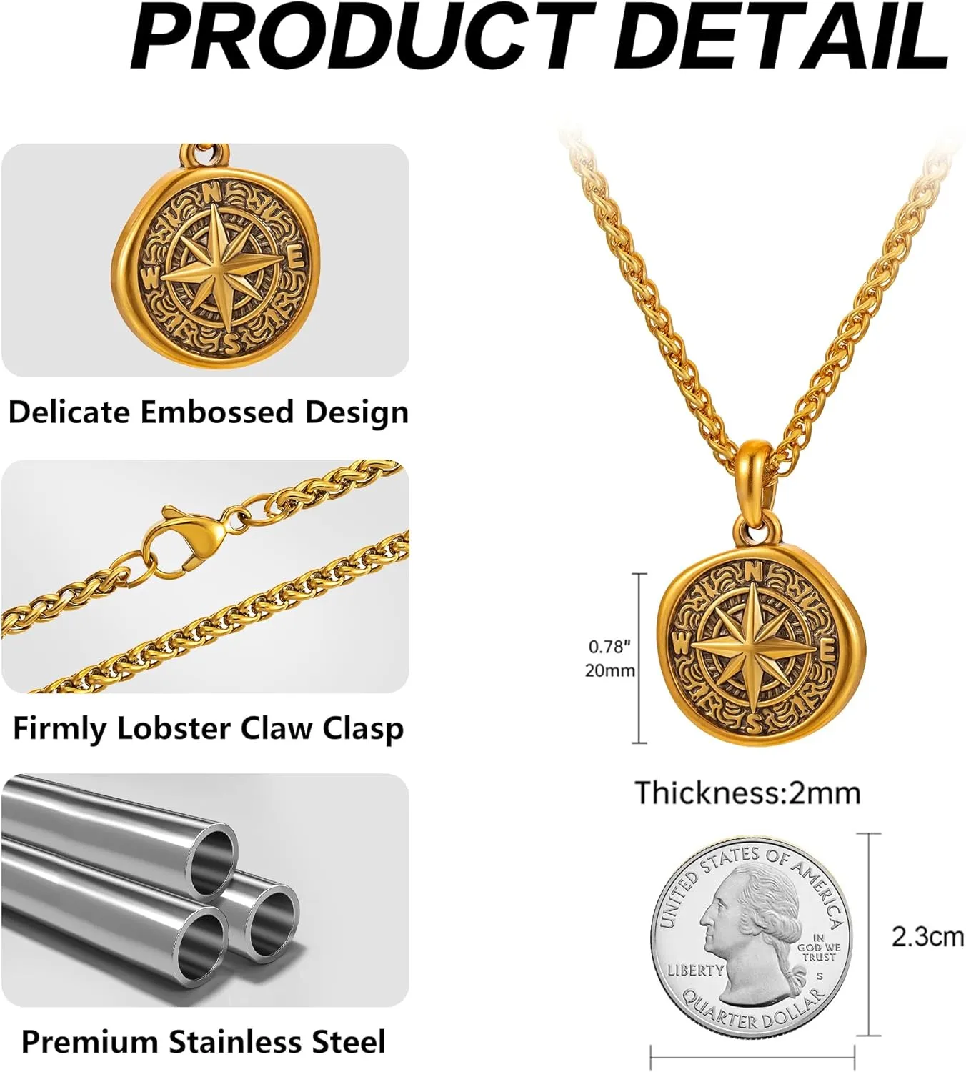 murtoo Compass Pendant Necklace for Men, Gold Silver Stainless Steel Mens Compass Necklaces, Stylish Jewelry Silver/Gold Chain Religious Gifts for Him Unisex, 24''/22''
