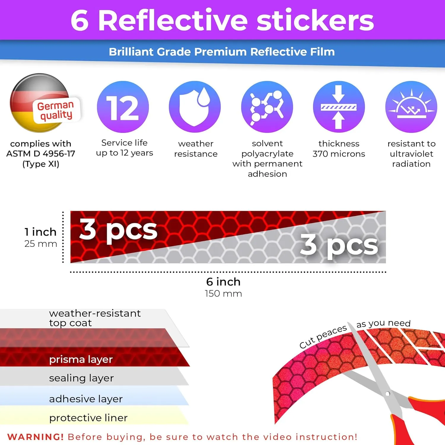 Reflective Stickers for Helmet | 6pcs Brilliant Gry-red | Similar to 3M Reflective Tape | Bike Reflectors for Night Riding, Mailbox reflectors | Waterproof hi vis Decals for Car, Trailer