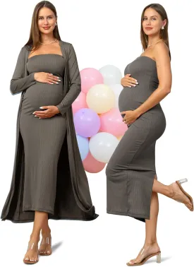 Rnxrbb 2 Piece Maternity Dress Cardigan Baby Shower Wedding Guest Summer Gender Reveal Photoshoot Tube Maternity Dress Long