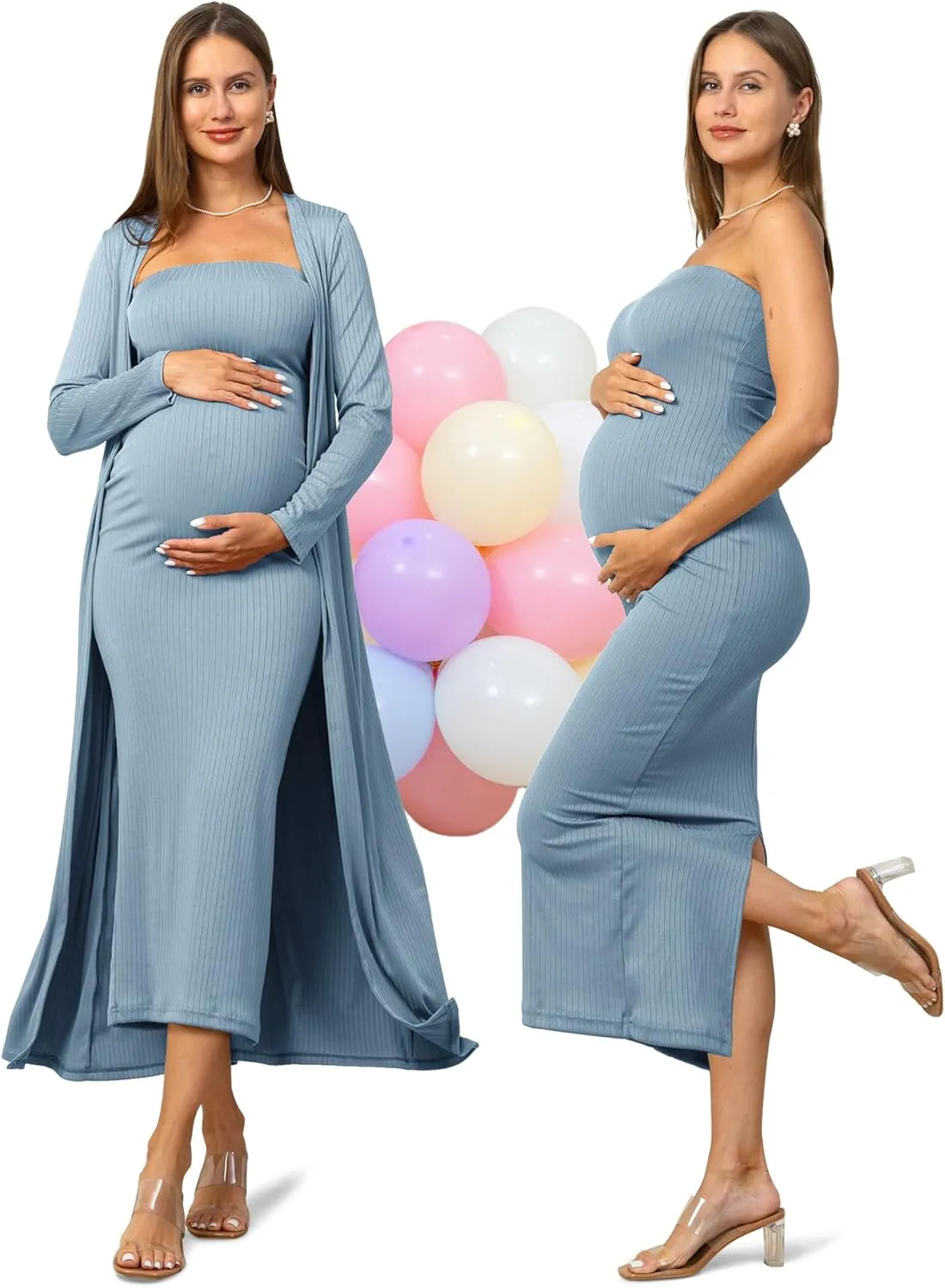 Rnxrbb 2 Piece Maternity Dress Cardigan Baby Shower Wedding Guest Summer Gender Reveal Photoshoot Tube Maternity Dress Long