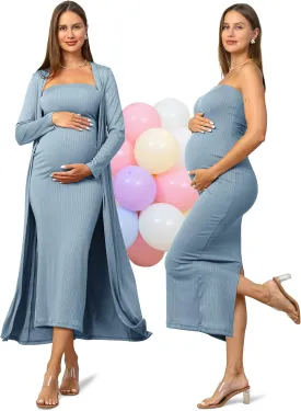 Rnxrbb 2 Piece Maternity Dress Cardigan Baby Shower Wedding Guest Summer Gender Reveal Photoshoot Tube Maternity Dress Long