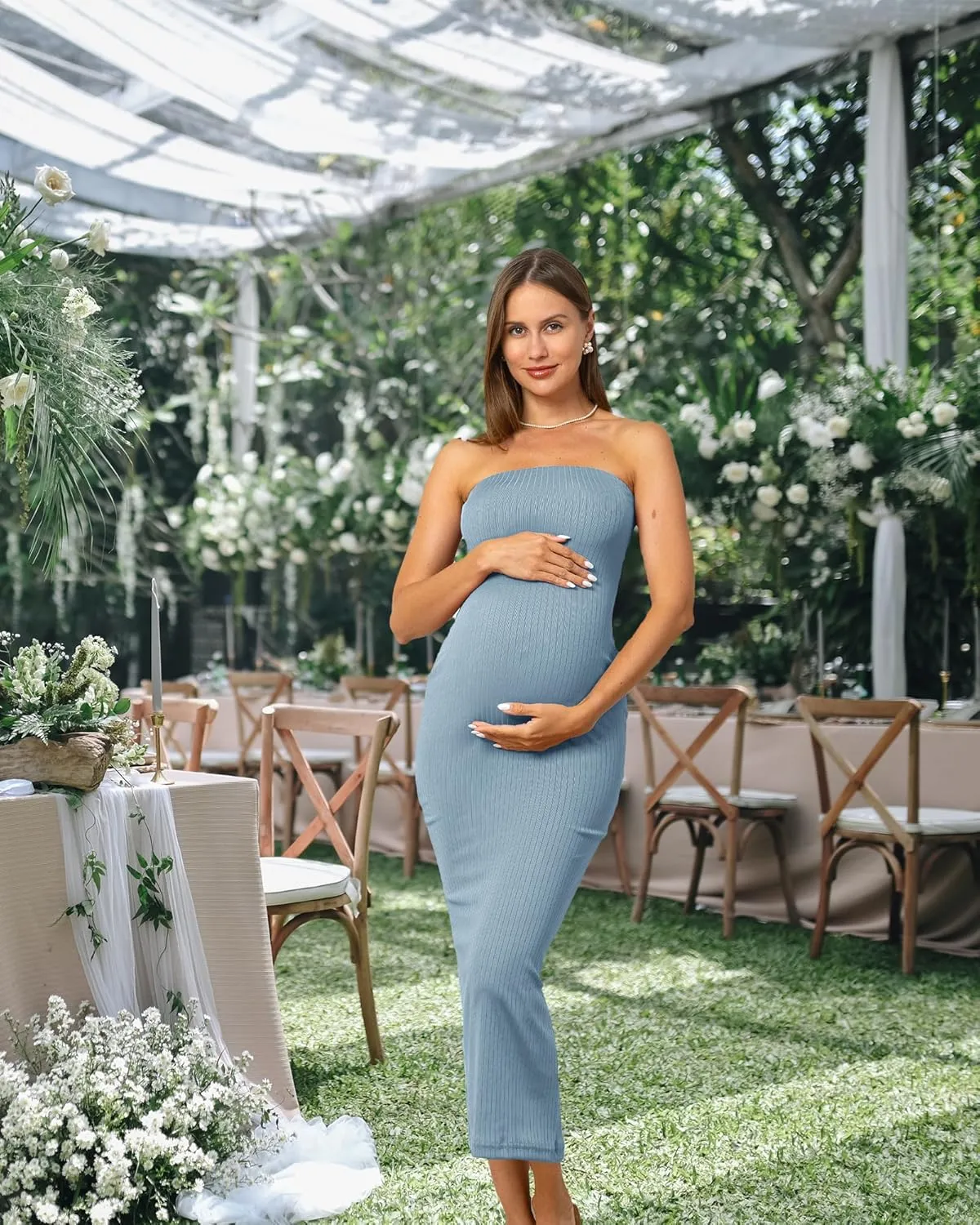 Rnxrbb 2 Piece Maternity Dress Cardigan Baby Shower Wedding Guest Summer Gender Reveal Photoshoot Tube Maternity Dress Long