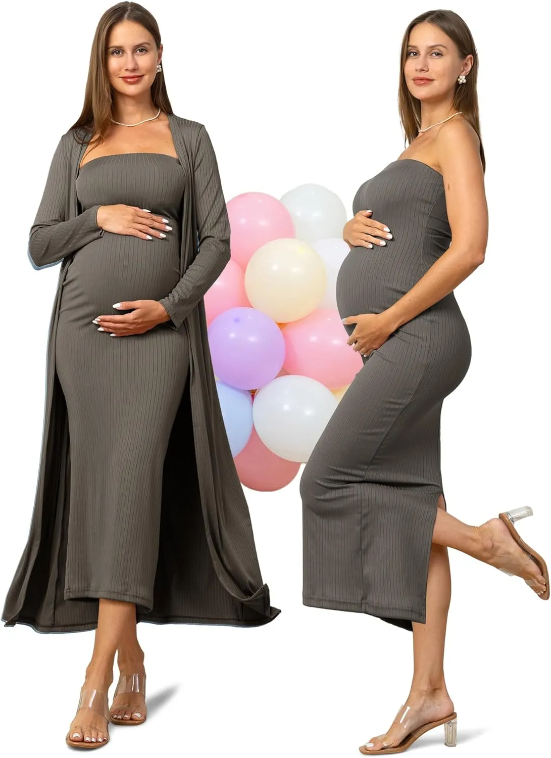 Rnxrbb 2 Piece Maternity Dress Cardigan Baby Shower Wedding Guest Summer Gender Reveal Photoshoot Tube Maternity Dress Long