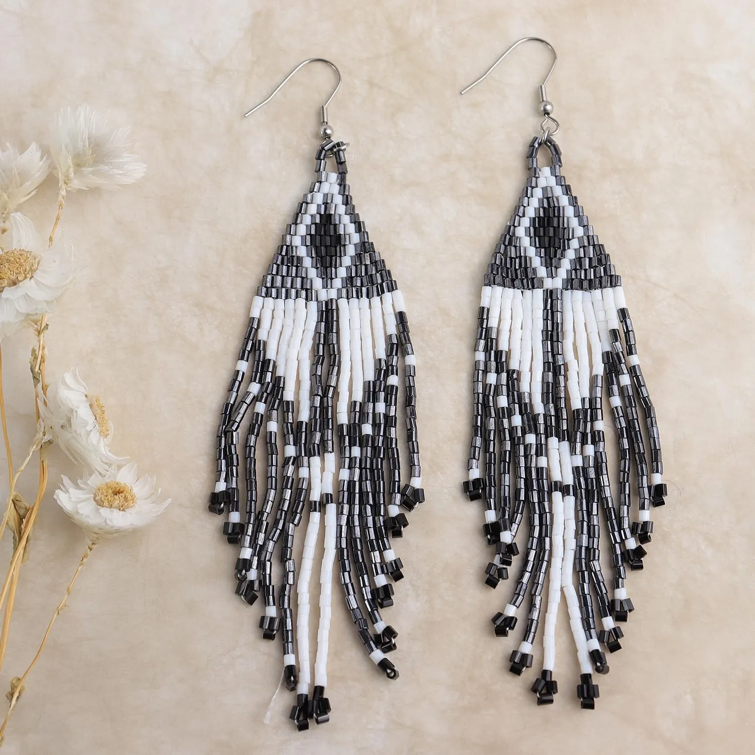 Seed Bead Boho Tassel Earrings for Women, Long Zulu Handmade Gold Beads Dangle Drop Fringe Earing Dangling Bohemian Accessories Summer Beach Jewelry Gift