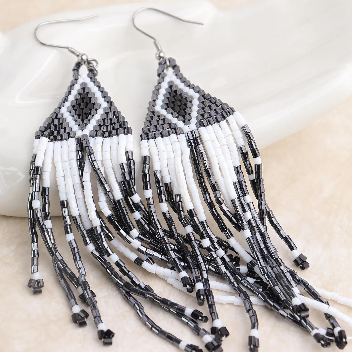 Seed Bead Boho Tassel Earrings for Women, Long Zulu Handmade Gold Beads Dangle Drop Fringe Earing Dangling Bohemian Accessories Summer Beach Jewelry Gift