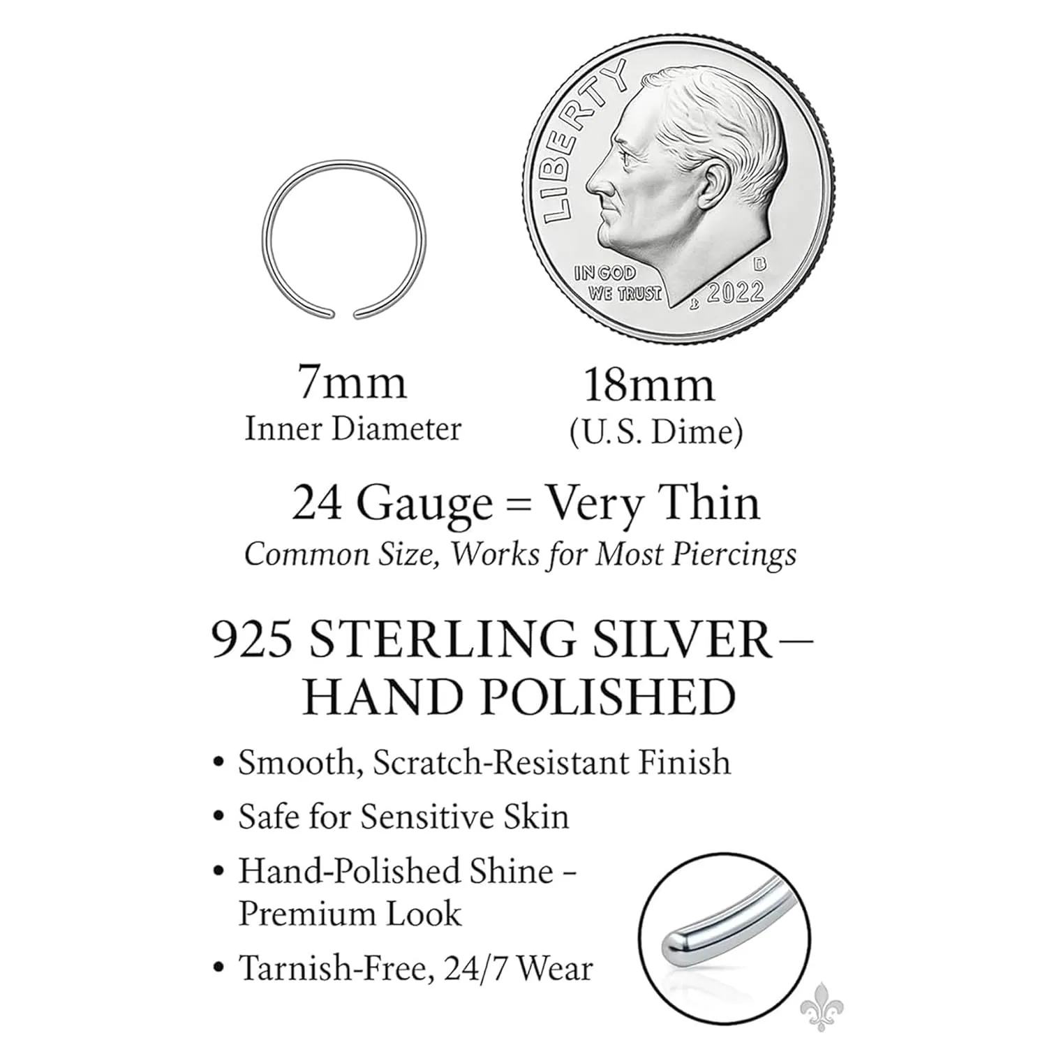 Silver Nose Ring - Thin Small 24 Gauge 7mm Nose Piercing Jewelry - 925 Sterling Silver Nose Rings For Women - Handmade Comfortable Nose Hoop - Gift Ready