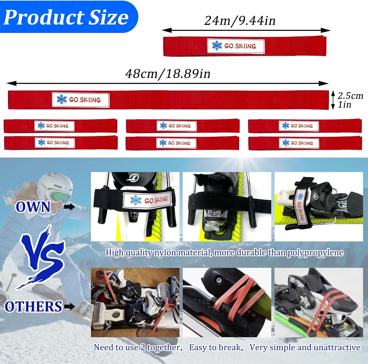 Ski Brake Retainer Strap, 18.9" Adjustable Nylon Binding Brake Retainer Bands, Durable & Reusable Snowboard Brake Retainers for Skis Waxing and Tuning, Easier to Put in Place