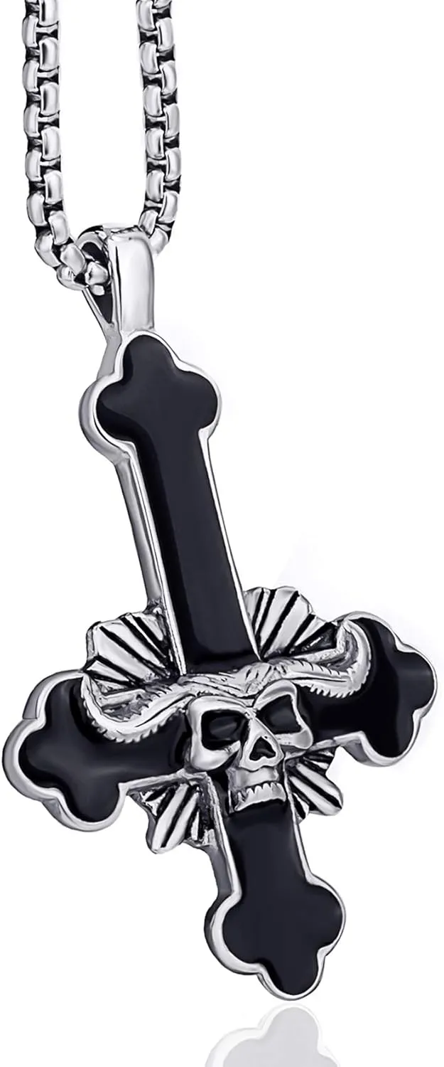 Stainless Steel Inverted Cross Necklace for Men Women Red The Devil's Cross Satanic Upside Down Cross Pendant Chain Gothic Skull Jewelry 20", 24"