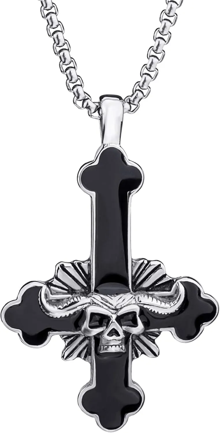 Stainless Steel Inverted Cross Necklace for Men Women Red The Devil's Cross Satanic Upside Down Cross Pendant Chain Gothic Skull Jewelry 20", 24"