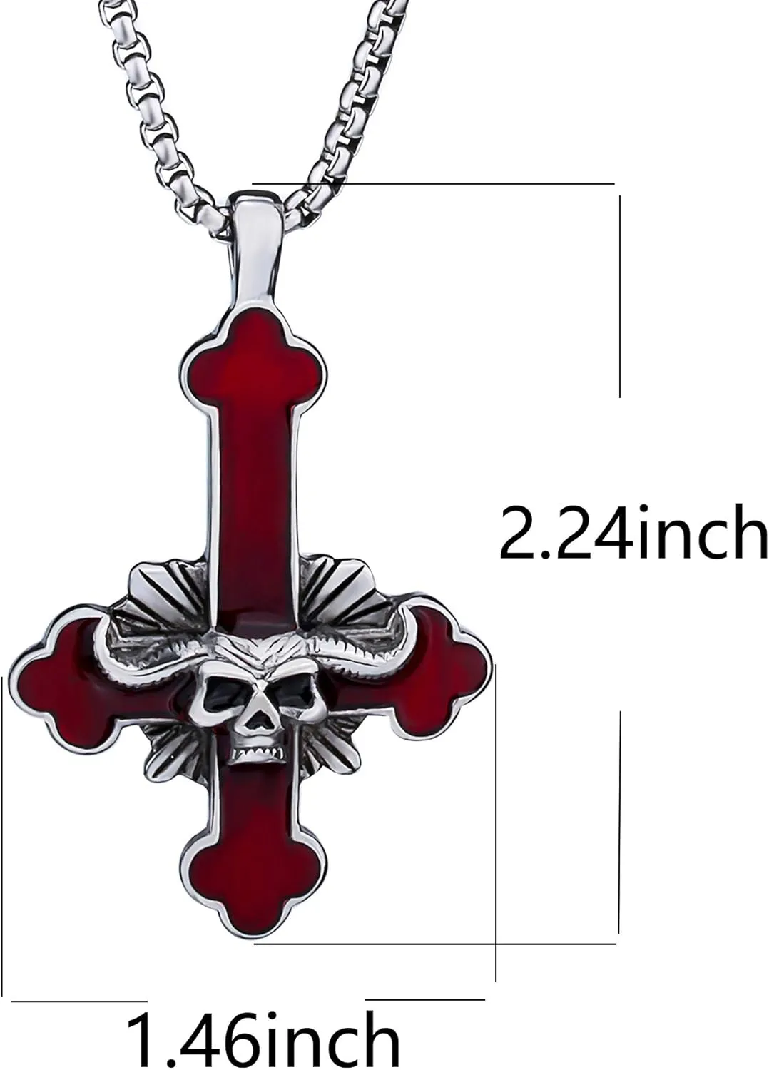 Stainless Steel Inverted Cross Necklace for Men Women Red The Devil's Cross Satanic Upside Down Cross Pendant Chain Gothic Skull Jewelry 20", 24"