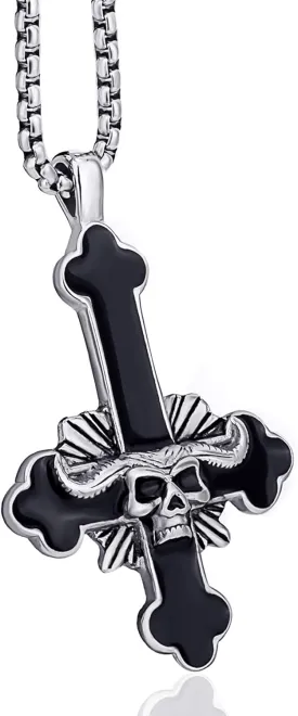 Stainless Steel Inverted Cross Necklace for Men Women Red The Devil's Cross Satanic Upside Down Cross Pendant Chain Gothic Skull Jewelry 20", 24"