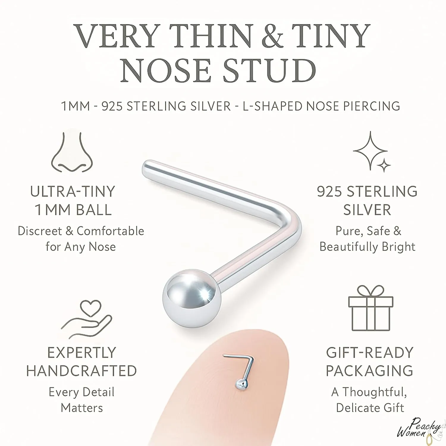 Sterling Silver Nose Stud - Very Thin Tiny Micro 24 Gauge 1mm L Shape Ball Studs - 925 Sterling Silver Nose Studs For Women - Handmade Nose Piercing Jewelry - Gift Ready