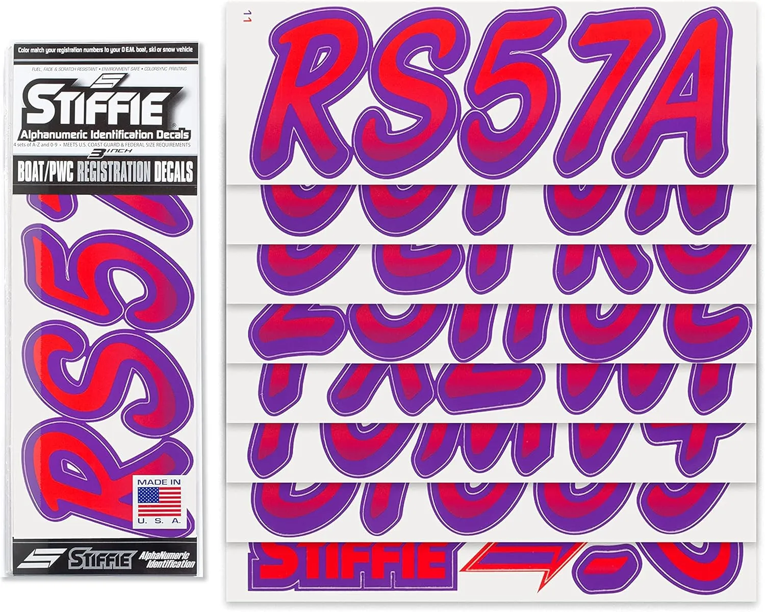 STIFFIE Whipline Red/Purple 3" Boat & PWC Registration Decals  Numbers Letters Stickers