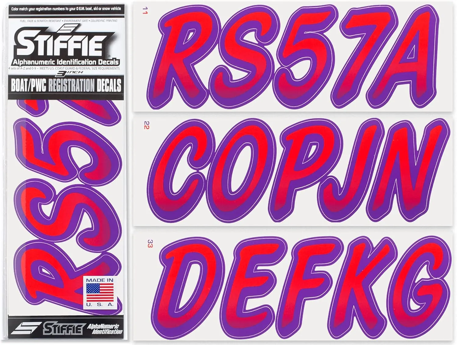 STIFFIE Whipline Red/Purple 3" Boat & PWC Registration Decals  Numbers Letters Stickers