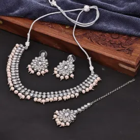 Sukkhi Adorable Choker Reverse AD & Pearl Peach Rhodium Plated Necklace Set For Women