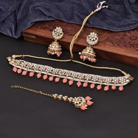 Sukkhi Artistically Choker Kundan & Pearl Pink Gold Plated Necklace Set For Women